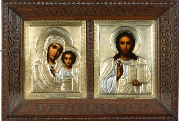 Иконы «Венчальная пара» (Богородица «Казанская» и Господь Вседержитель в серебряных окладах)
